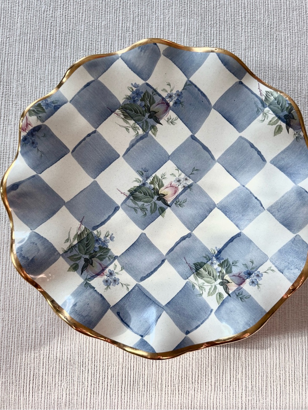 Mackenzie Childs Blue Honeymoon Check Floral Salad 7 inch Plate Rare!!